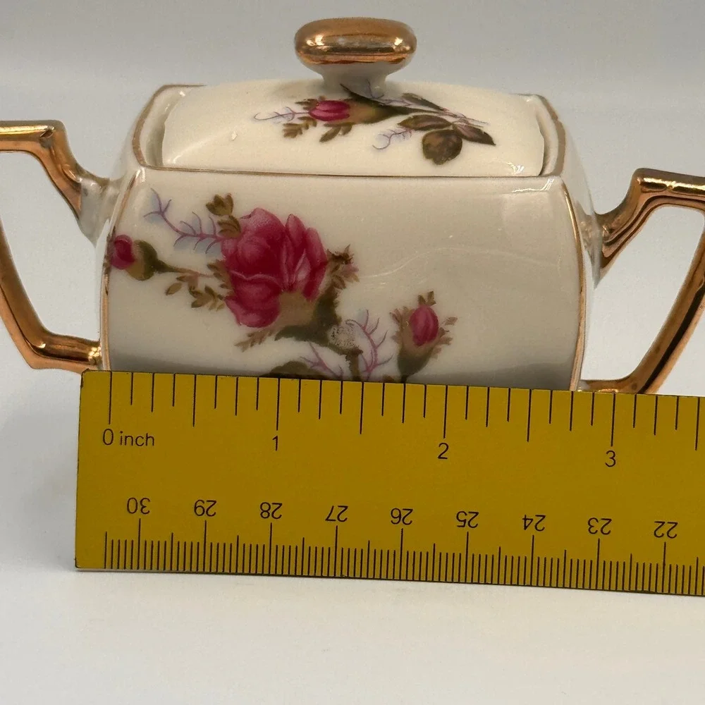 Vintage Royal Sealy China Pink Rose Lidded Sugar Bowl Gold Gilded Japan Decor